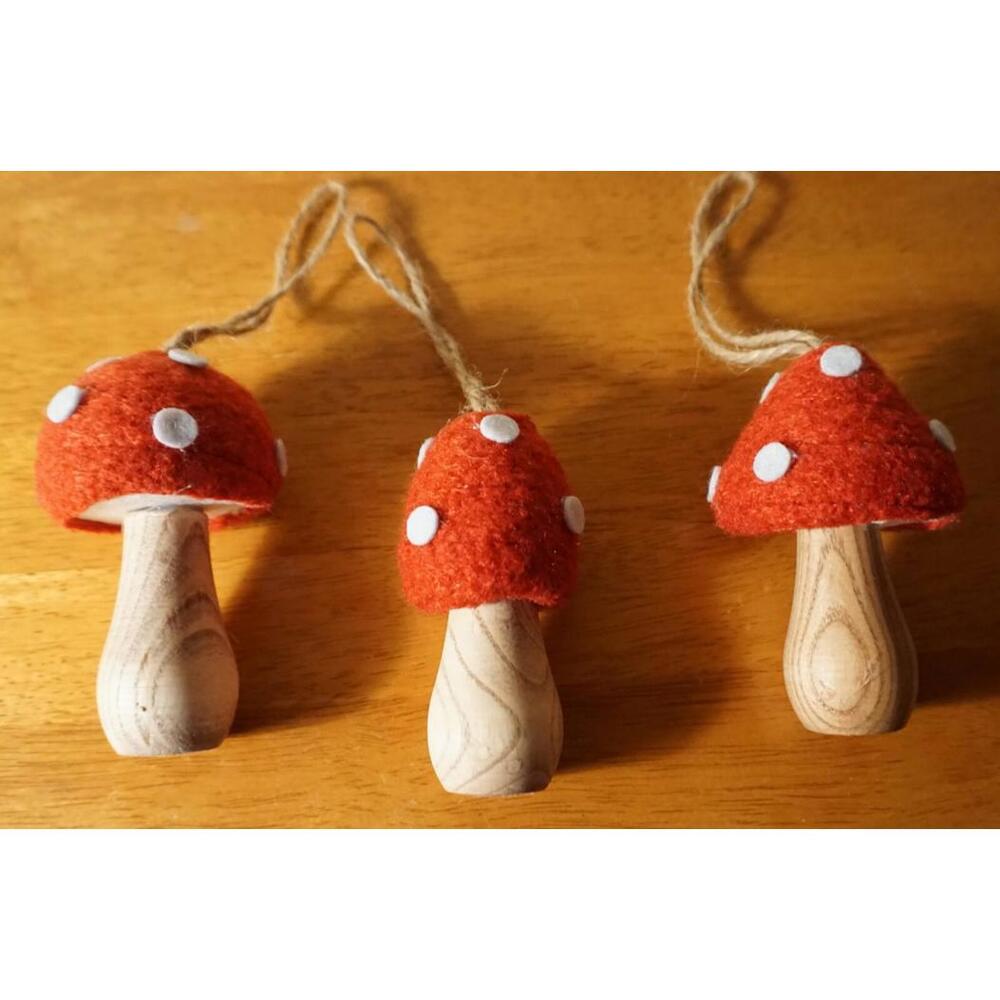 3 Polka Dot Felt Gnome Dome Mushroom Christmas Ornaments Country Lodge Decor NEW